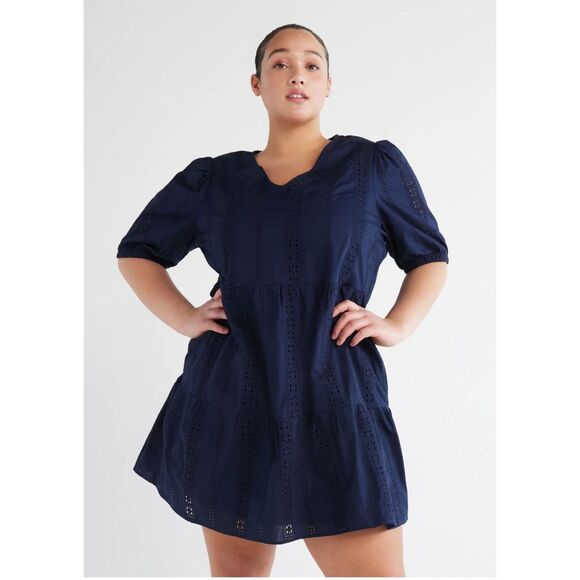 Time and Tru Women's Blue Eyelet with Puff Sleeves Mini Dress Sizes XS - Picture 1 of 9